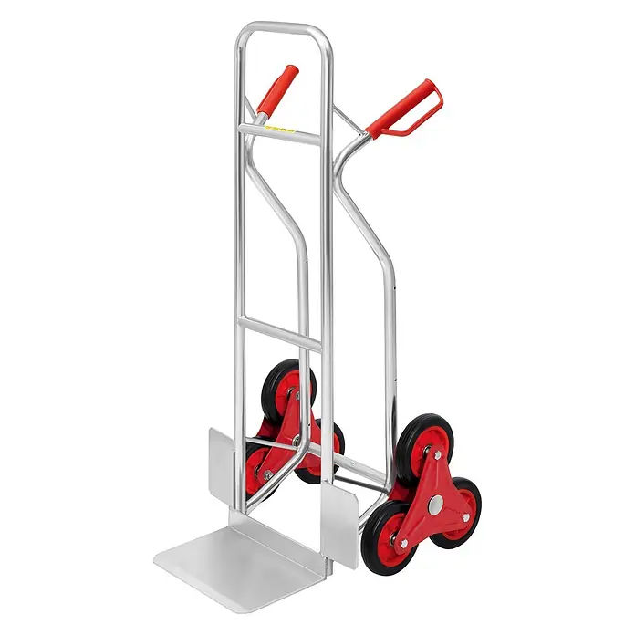 Pro-Bau-Tec Sackkarre Aluminium Stapelkarre Treppensteiger 150kg Tragkraft - Traglast: 150 kg - Silberne Treppensteiger-Sackkarre mit roten Griffen und Dreirad-Design für einfaches Bewegen auf Treppen.