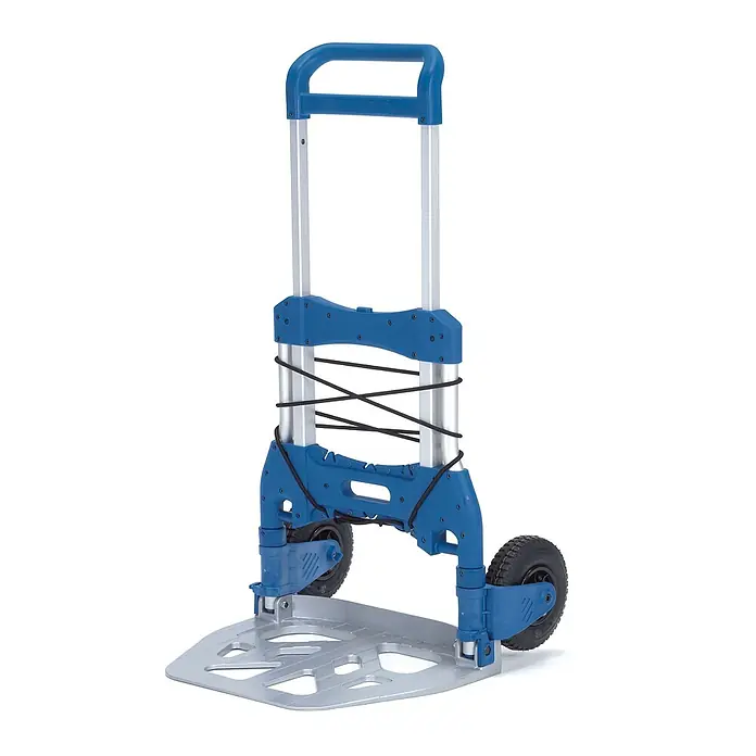 Fetra Sackkarre Paketroller Höhe 1190 mm, mit Luftbereifung 220x70 mm, klappbar - Traglast: 250 kg - Blauer und silberner zusammenklappbarer Sackkarren mit ausziehbarem Griff und Gummiseilen.