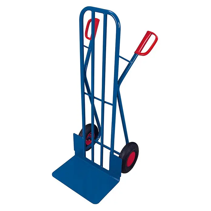 Variofit Sackkarre Stahlrohrkarren 250kg Traglast mit großer Schaufel Luftbereifung - Traglast: 250 kg - Blaue Sackkarre aus Metall mit roten Griffen und schwarzen Rädern zum Transport schwerer Lasten.