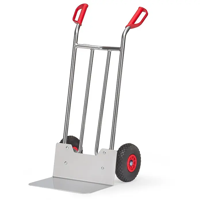 Fetra Sackkarre Alukarre 1150mm hoch Schaufel 300x480mm mit Polyurethanbereifung - Traglast: 150 kg - Silberne Sackkarre mit roten Griffen, schwarzen Luftreifen und stabiler Ladeplatte zum Transport von Gütern.
