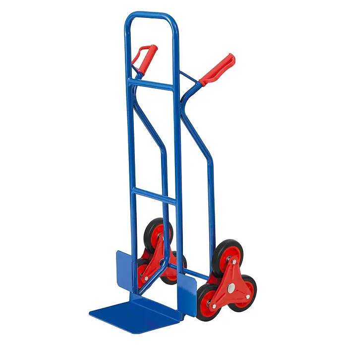 Pro-Bau-Tec Sackkarre Stapelkarre Treppensteiger 150kg Tragkraft - Traglast: 150 kg - Blauer Metall-Treppenkarren mit roten Griffen und Dreiradsystem.