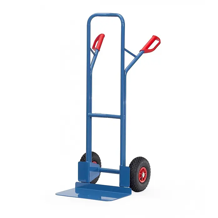 Fetra Sackkarre Stahlrohrkarre Höhe 1300 mm, Schaufel 300x480mm Luftbereifung - Traglast: 300 kg - Blaue Metall-Sackkarre mit roten Griffen und schwarzen Luftreifen.