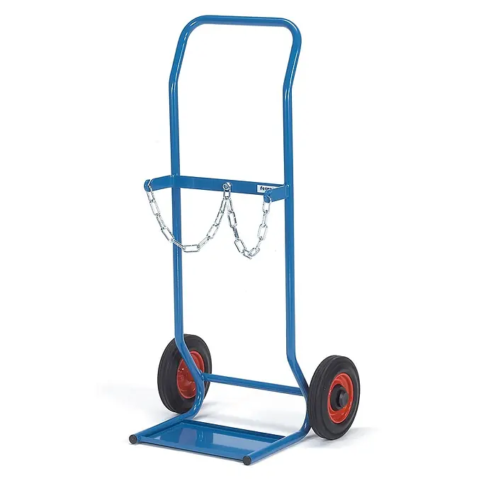 Fetra Sackkarre Stahlflaschenkarre 1000 mm Höhe - Traglast: 50 kg - Blauer Metall-Gasflaschenwagen mit zwei Rädern und einer Sicherungskette zum Transport von Gasflaschen.
