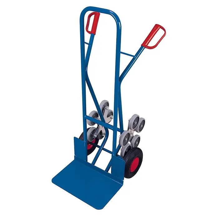 Variofit Sackkarre - Traglast: 200 kg - Blaue Treppenkarre mit roten Griffen und Sternradsystem.