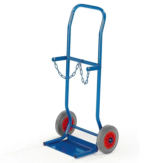 Rollcart Sackkarre Stahlflaschenkarre 100kg Traglast für 2 Flaschen a 10 Liter Vollgummi - Traglast: 100 kg - Blauer Gasflaschenwagen aus Metall mit grauen Rädern und roten Naben, mit Sicherungskette für den Transport.