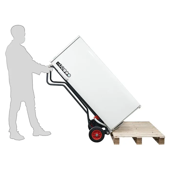 FIMM Sackkarre - Stahl, Traglast: 250 kg - Schwarze Sackkarre mit roten Rädern transportiert ein weißes Gerät auf eine Holzpalette.