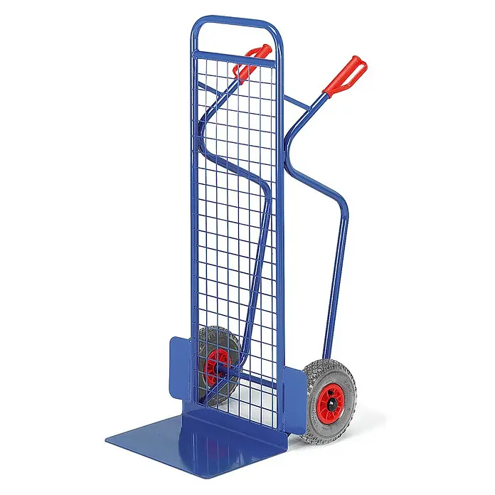 Rollcart Sackkarre Große Gitter-Stapelkarre aus Stahlrohr 250kg Tragkraft Vollgummi - Traglast: 250 kg - Blaue Sackkarre aus Metall mit Gitterrücken, roten Griffen und zwei grauen Rädern.