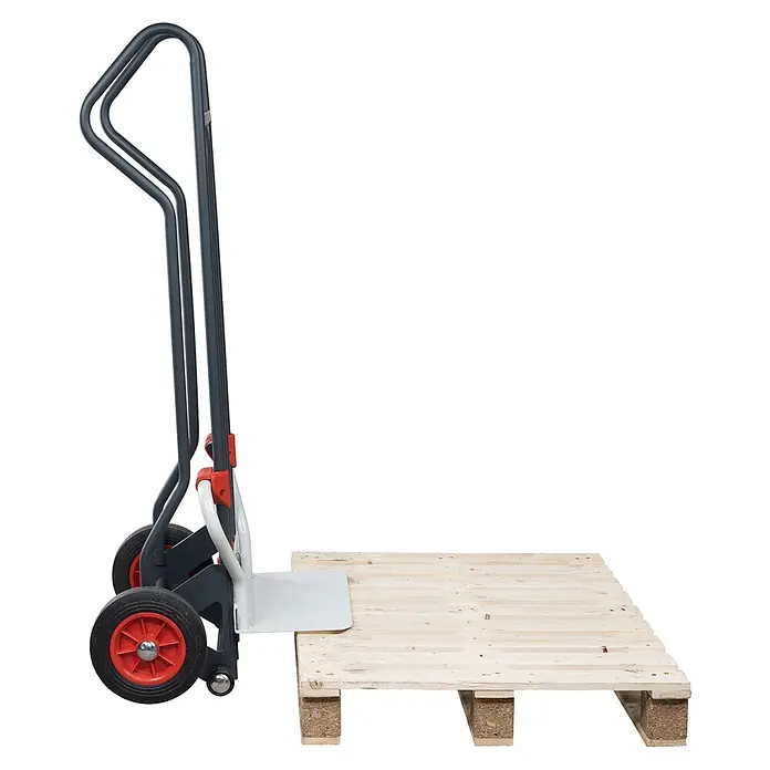 FIMM Sackkarre - Stahl, Traglast: 250 kg - Graue Sackkarre mit roten Rädern, neben einer hellen Holzpalette positioniert.