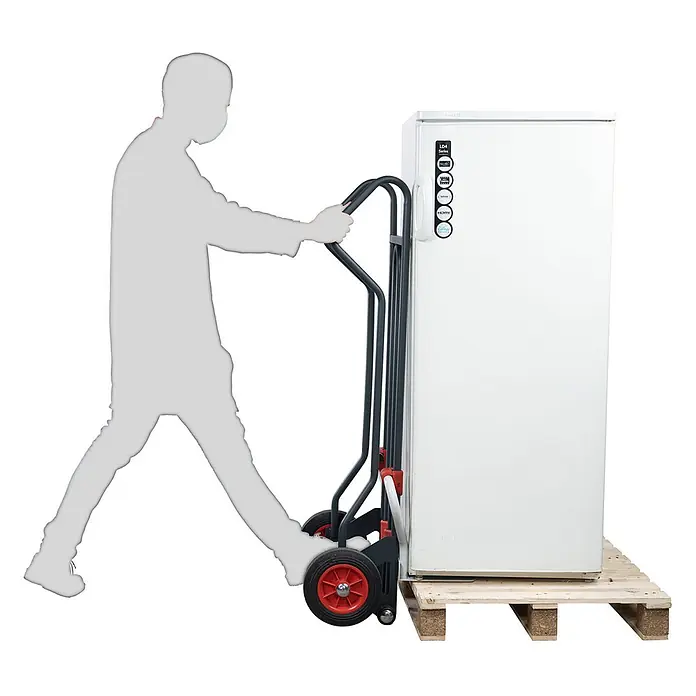 FIMM Sackkarre - Stahl, Traglast: 250 kg - Dunkelgraue Sackkarre mit roten Rädern, die einen weißen Kühlschrank auf einer Holzpalette bewegt.