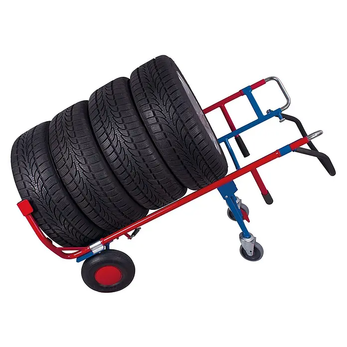 Variofit Sackkarre - Traglast: 200 kg - Blauer und roter Reifenwagen mit vier Autoreifen mit tiefem Profil, bereit zum Transport.