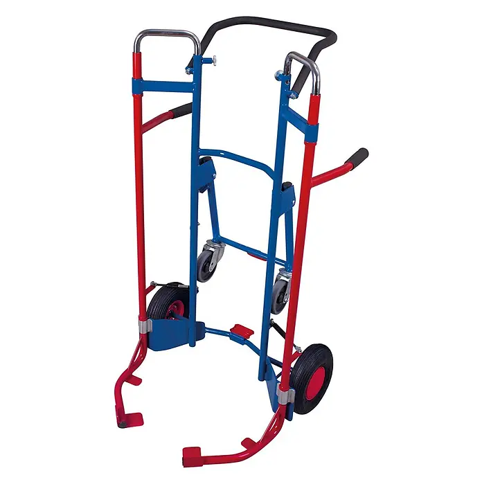 Variofit Sackkarre - Traglast: 200 kg - Rote und blaue Klappkarre mit großen und kleinen Rädern für vielseitigen Schwerlasttransport.