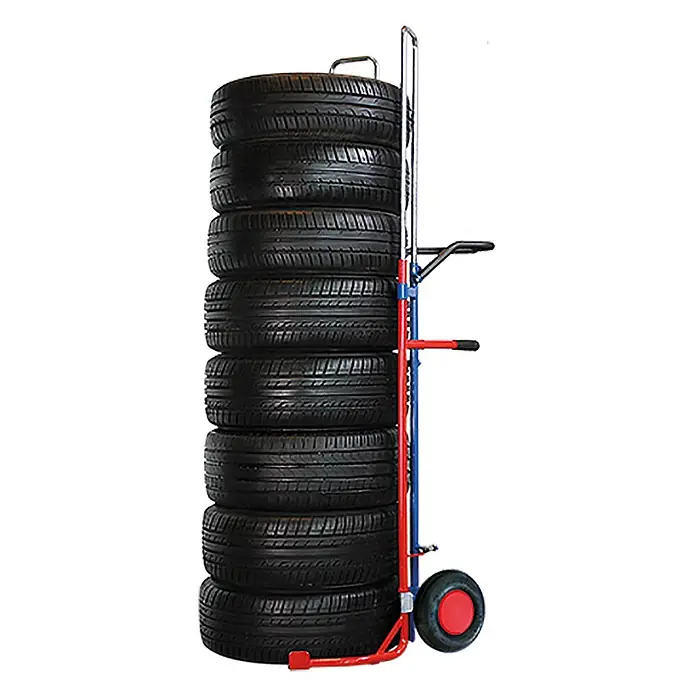 Variofit Sackkarre - Traglast: 200 kg - Blaue und rote Reifen-Sackkarre beladen mit einem Stapel schwarzer Autoreifen.