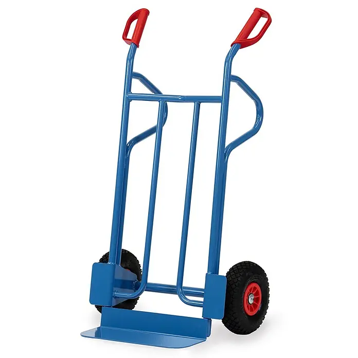 Fetra Sackkarre Stahlrohrkarre mit Polyurethanbereifung Höhe 1200mm, Schaufel 150x450mm - Traglast: 350 kg - Blauer Sackkarren aus Metall mit roten Griffen und schwarzen Luftreifen.