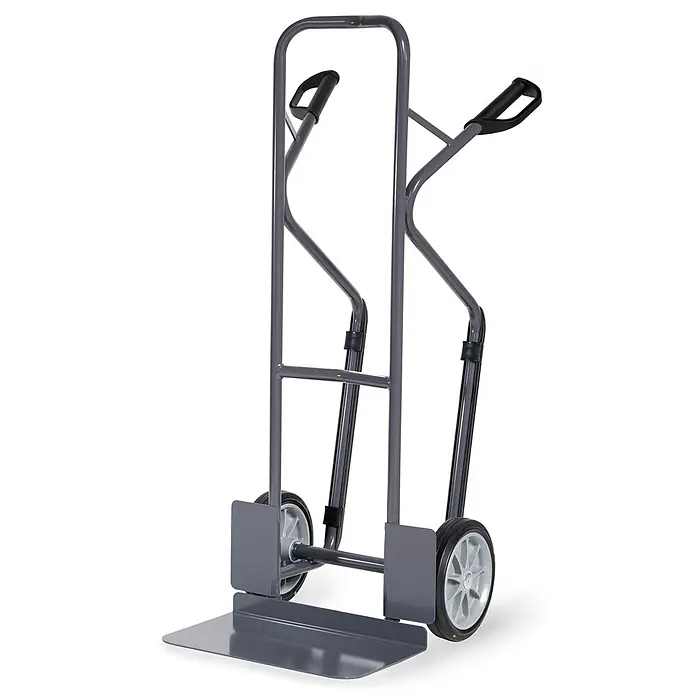 Fetra Sackkarre - Traglast: 300 kg - Schwerlast-Sackkarre aus grauem Metall mit schwarzen ergonomischen Griffen und grauen Rädern zum Warentransport.