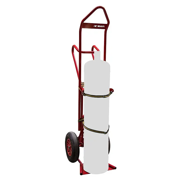 FIMM Sackkarre Sackkarre für Transport von 1 Flasche mit einem Hubmast Tragkraft 250kg - Stahl, Traglast: 250 kg - Rote Sackkarre mit schwarzen Rädern, die einen großen weißen Tank mit schwarz-gelben Gurten sicher transportiert.