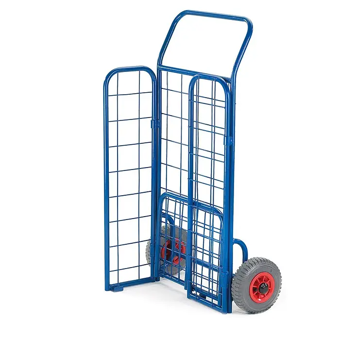 Rollcart Sackkarre Gitterklappkarre mit Seitenwänden 150kg Tragkraft Luftbereifung - Traglast: 150 kg - Blauer klappbarer Handwagen mit Gitterdesign, grauen Rädern und roten Naben.