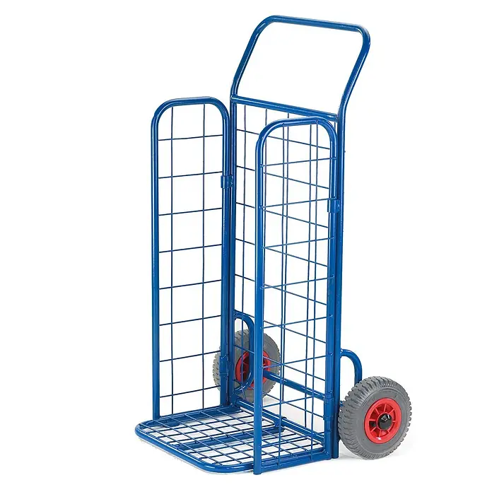 Rollcart Sackkarre Gitterklappkarre mit Seitenwänden 150kg Tragkraft Luftbereifung - Traglast: 150 kg - Blauer Metall-Rollbehälter mit Gitterwänden und grauen Rädern mit roten Naben, zum Transport von Waren.