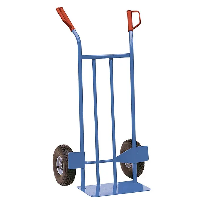 Schake Sackkarre Stahlrohrsackkarre 300kg Tragkraft 400x160mm Luftrad -  - Blaue Sackkarre aus Metall mit roten Griffen und Gummireifen zum Transport schwerer Gegenstände.