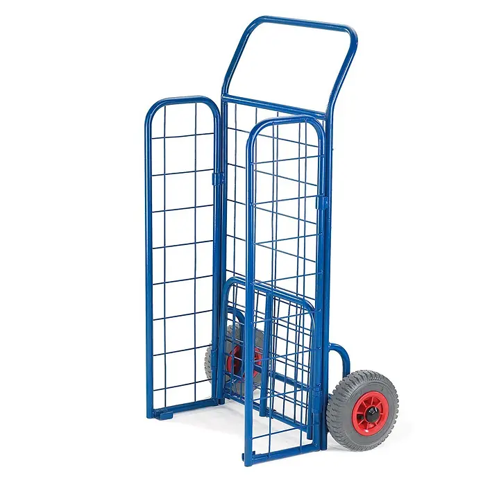 Rollcart Sackkarre Gitterklappkarre mit Seitenwänden 150kg Tragkraft Luftbereifung - Traglast: 150 kg - Blauer Metall-Rollcontainer mit Gitterwänden und grau-roten Rädern, teilweise zusammengeklappt.