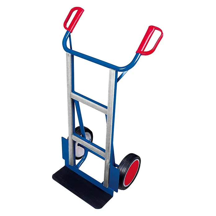 Variofit Sackkarre VARIOfit Gerätekarre 250 Traglast mit rutschfestem Gummi Vollgummibereifung - Traglast: 250 kg - Blauer Metall-Sackkarre mit roten Griffen, schwarzer Ladefläche und schwarz-roten Rädern.
