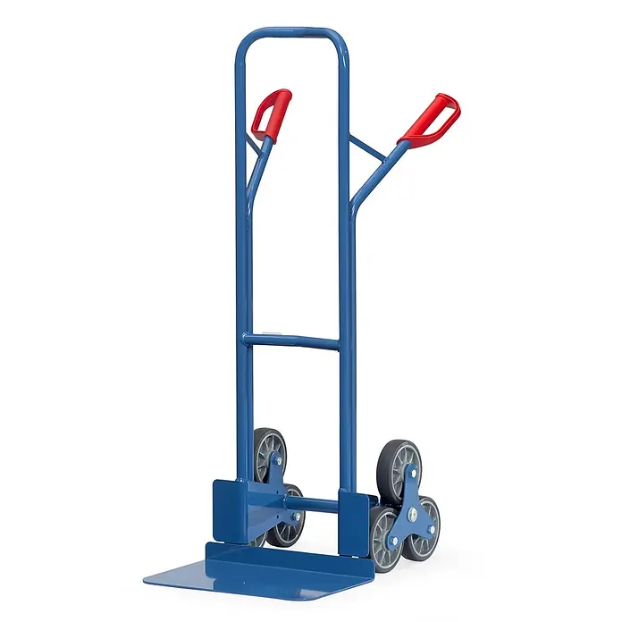 Fetra Sackkarre Stahlrohr-Treppenkarre, mit dreiarmigen Radsternen, Schaufelbreite 480mm - Traglast: 200 kg - Blauer Treppensteiger-Sackkarren mit roten Griffen und Dreiradsystem für Warentransport auf Treppen.