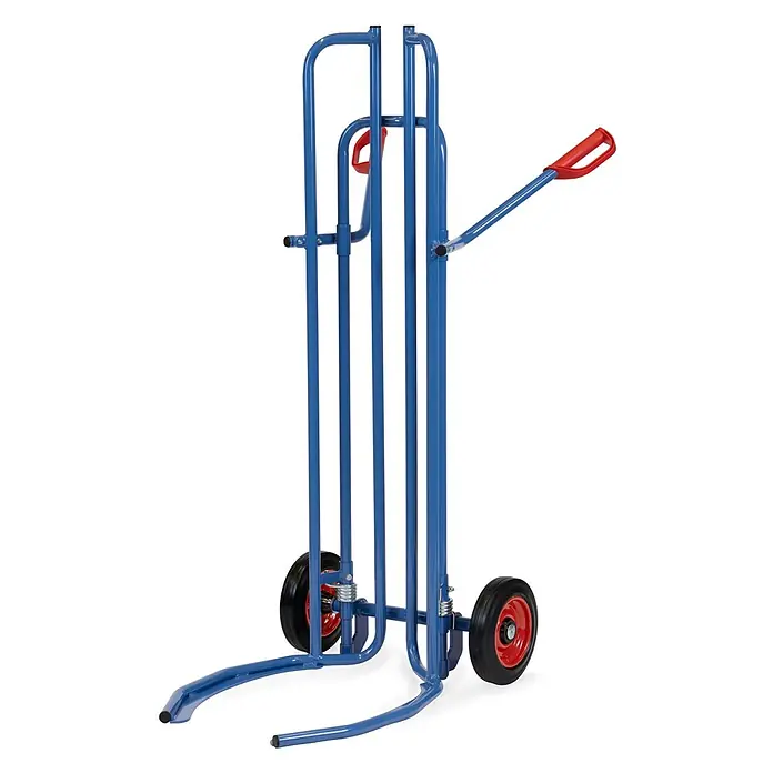 Fetra Sackkarre Reifenkarre mit Spreizaufnahmen 660mm Schaufeltiefe Vollgummi-Bereifung - Traglast: 200 kg - Blaue Sackkarre aus Metall mit roten Griffen und rotzentrierten Rädern zum Transport schwerer Gegenstände.
