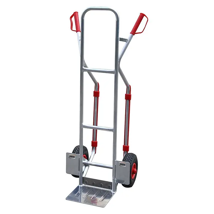 Schefer Sackkarre Sackkarre SK Alu Premium Tragkraft 200kg - Aluminium, Traglast: 200 kg - Silberfarbene Aluminium-Sackkarre mit roten Griffen und schwarzen Rädern.