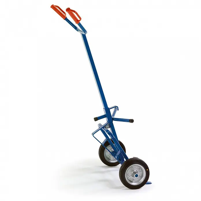 Rollcart Sackkarre ESD-Fasskarre mit 250kg Tragkraft Vollgummi - Traglast: 250 kg - Blauer Metall-Sackkarren mit orangefarbenen Griffen und zwei silbernen Rädern zum Transport schwerer Gegenstände.
