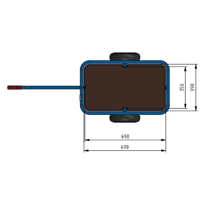 Fetra Bollerwagen Handwagen mit wasserfestem Boden und Polyurethanbereifung 690x356mm - L x B x H: 138,1 cm x 59,6 cm x 0,01 m - Aufsicht eines blauen Bollerwagens mit braunem Boden, schwarzen Rädern und blauem Griff mit roter Ummantelung.