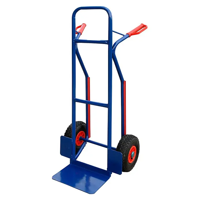 Pro-Bau-Tec Sackkarre Stapelkarre mit Treppenrutsche 200kg Tragkraft - Traglast: 200 kg - Blaue Metall-Sackkarre mit roten Griffen und schwarzen Rädern zum Transportieren von Gütern.