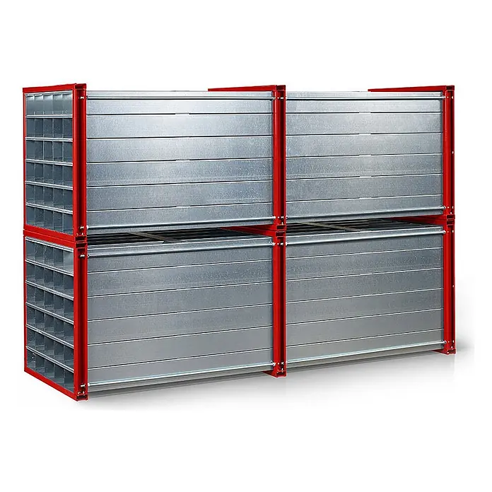 RR Industrietechnik Stufenregal RR Wabenregal RWR-20/3 3000x1000x1000mm mit 20 Fächern RAL 3000 Feuerrot - Feuerrot - Modulares Lagersystem mit roten Rahmen und verzinkten Stahlpaneelen, mit Kleinteilfächern und großen Abschnitten, gestapelt.