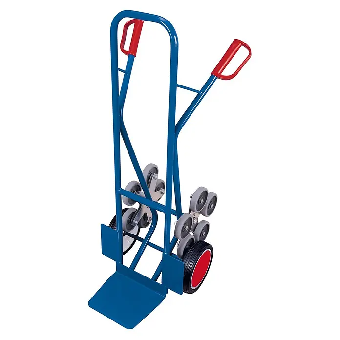 Variofit Sackkarre - Traglast: 200 kg - Blaue Treppenkarre mit roten Griffen und grauen Rädern für einfachen Transport über Treppen.