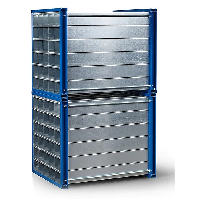 RR Industrietechnik Stufenregal RR Wabenregal RWR-36/1 1000x1000x1000mm mit 36 Fächern RAL 5010 Enzianblau - Enzianblau - Stapelbares Metallregal mit blauen Rahmen, mehreren kleinen Fächern und massiven verzinkten Stahlplatten zur Lagerung.