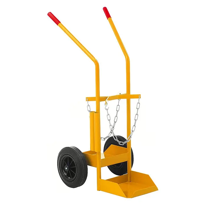 Kongamek Sackkarre Gasflaschenwagen 530x1080x550mm für 50l-Fässer mit 80kg Tragkraft - Traglast: 150 kg - Gelbe Metall-Sackkarre mit schwarzen Rädern und roten Griffen zum sicheren Transport von Gasflaschen mit Sicherungsketten.