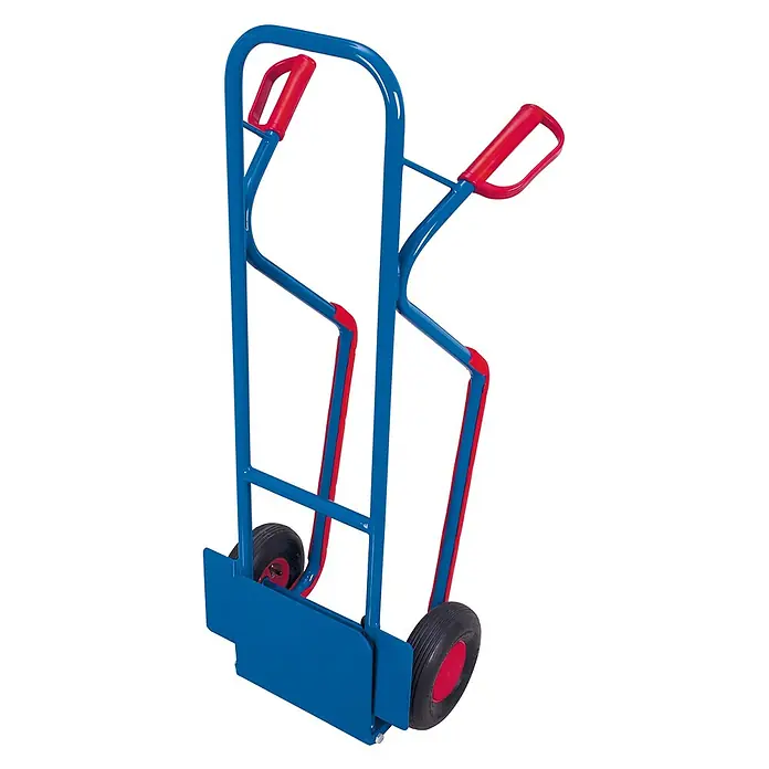 Variofit Sackkarre - Traglast: 200 kg - Blauer Sackkarren aus Metall mit roten Griffen und schwarzen Rädern, mit stabiler Ladeplatte zum Transport von Gegenständen.