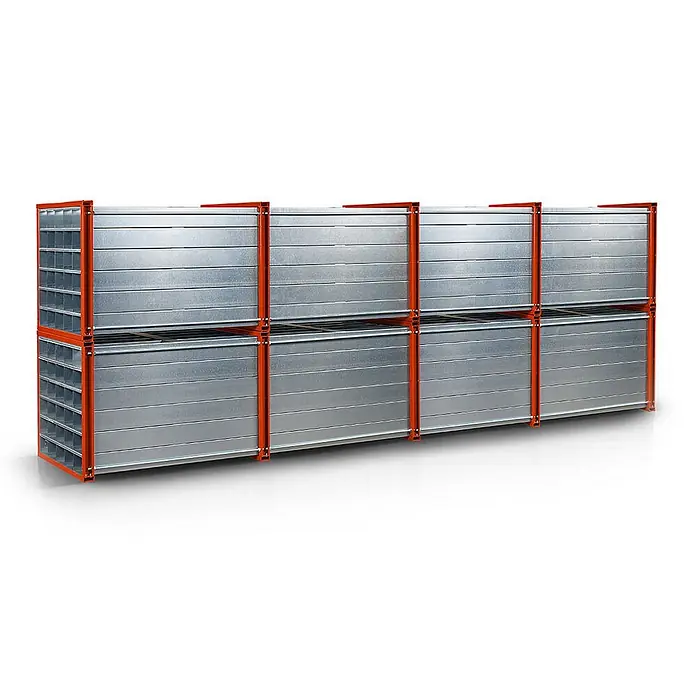 RR Industrietechnik Stufenregal RR Wabenregal RWR-16/6 6000x1000x1000mm mit 16 Fächern RAL 2004 Reinorange - Reinorange - Stapelbare modulare Lagereinheiten mit verzinkten Metallboxen und orangefarbenen Rahmen.