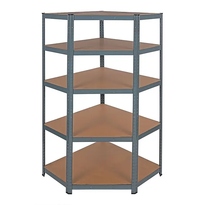 Pro-Bau-Tec Stufenregal Eck-Schwerlastskregal 180x90x45cm Tragkraft 265kg - Anzahl Böden: 5 Stk. - 5-stufiges Eckregal mit grauem Metallrahmen und braunen Ablagen.