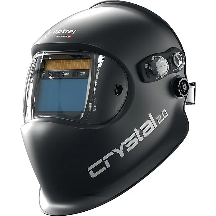 Optrel Schweißhelm Crystal 2.0 -  - Schwarzer Optrel Crystal 2.0 Automatik-Schweißhelm mit Klarblick-Technologie und sichtbaren Bedienelementen.