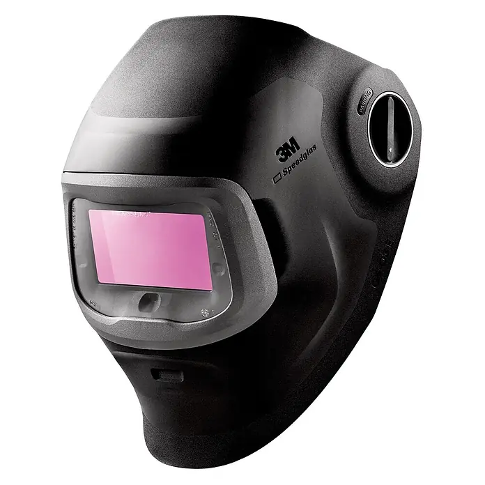 3M Schweißhelm Speedglas G5-03 E -  - Schwarzer 3M Speedglas Schweißhelm mit rosa Automatik-Schweißfilter und seitlichem Einstellrad.