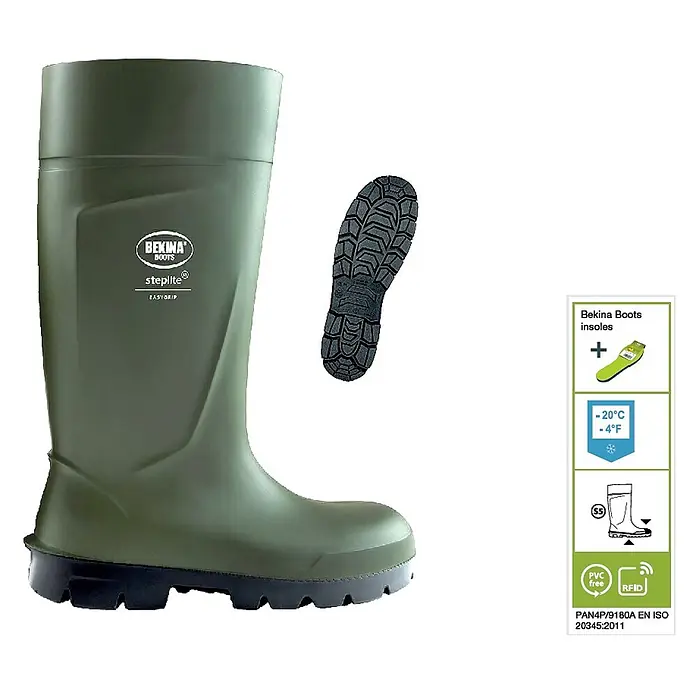 Bekina Steplite BK 2103 grün mit Schutzsohle Größe 35 -  - Grüner Bekina Steplite Sicherheitsstiefel mit schwarzer Sohle, S5-Schutz, PVC-frei und kälteisoliert bis -20°C.