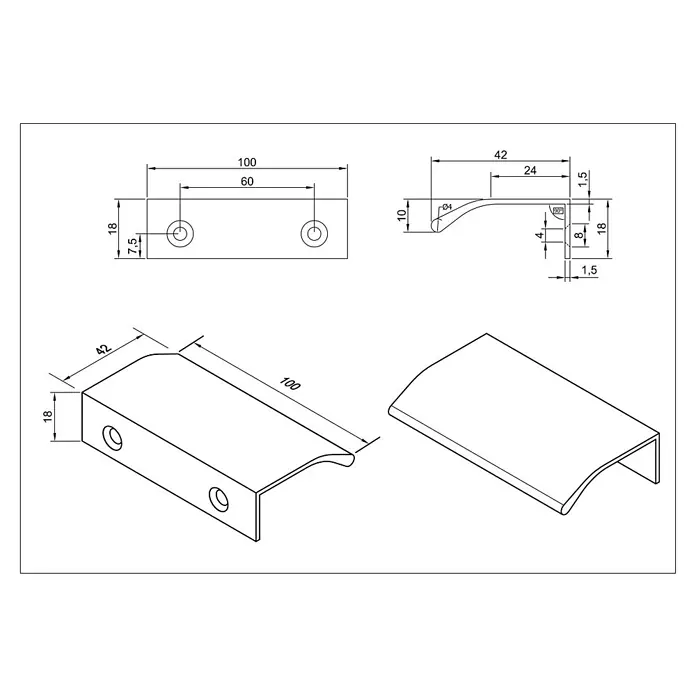 Cordia Möbelgriff 10 cm - Lochabstand: 60 mm, Aluminium, Schwarz - Technische Zeichnung eines gebogenen Möbelgriffs mit zwei Befestigungslöchern, 100 mm Länge.