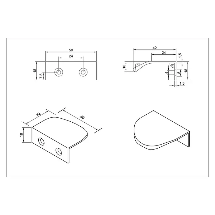 Cordia Möbelgriff 5 cm - Lochabstand: 24 mm, Aluminium, Schwarz - Technische Zeichnung einer gebogenen Metallhalterung/Regalstütze mit zwei Befestigungslöchern, ca. 50x42x18mm.