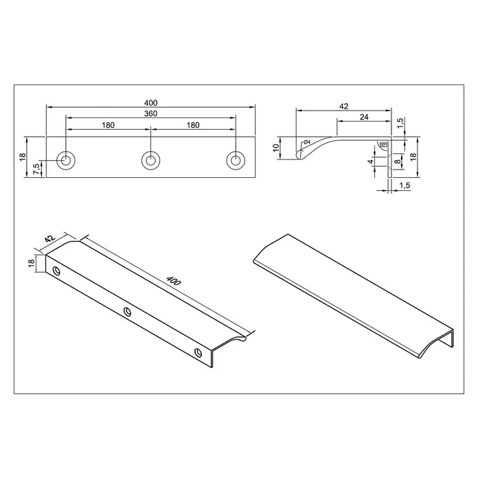 Cordia Möbelgriff 40 cm - Lochabstand: 360 mm, Aluminium, Weiß - Technische Zeichnung eines 400 mm langen Griffs mit drei Befestigungslöchern und gewölbtem Profil.