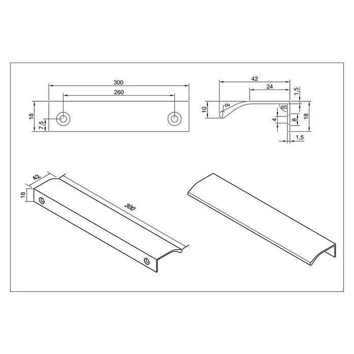 Cordia Möbelgriff 30 cm - Lochabstand: 260 mm, Aluminium, Weiß - Technische Zeichnung eines 300mm langen L-förmigen Möbelgriffs mit gebogenem Profil und zwei Befestigungslöchern.