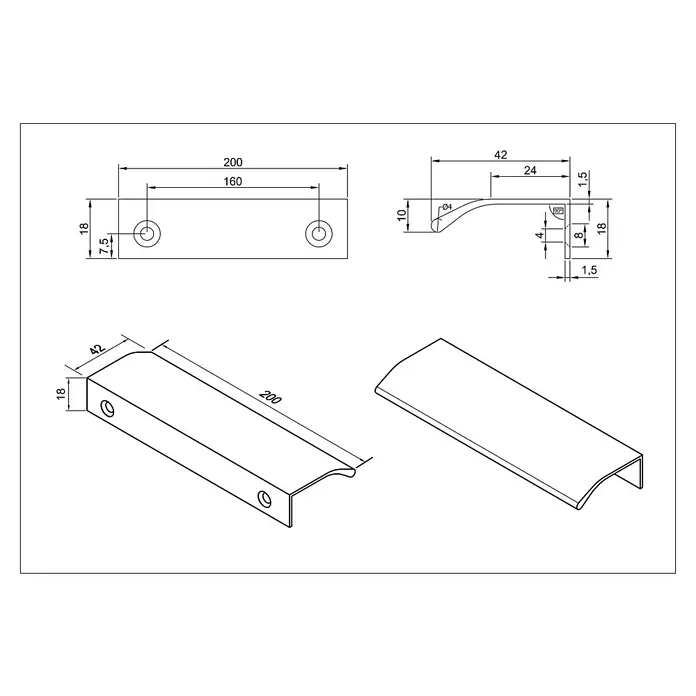 Cordia Möbelgriff 20 cm - Lochabstand: 160 mm, Aluminium, Schwarz - Technischer Zeichnung eines metallischen Möbelgriffs mit Installationsmaßen.