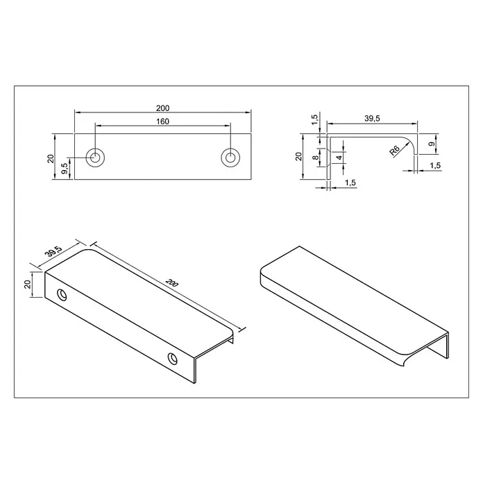Cordia Möbelgriff 20 cm - Lochabstand: 160 mm, Aluminium, Schwarz - Rechteckiger Griff mit U-Profil und abgerundeter Vorderkante, mit zwei Befestigungslöchern. Abmessungen 200 mm Länge, 20 mm Höhe.