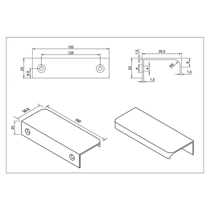 Cordia Möbelgriff 15 - Lochabstand: 128 mm, Aluminium, Weiß - Technische Zeichnung eines 150mm C-förmigen Griffs mit Maßen und zwei Befestigungslöchern.