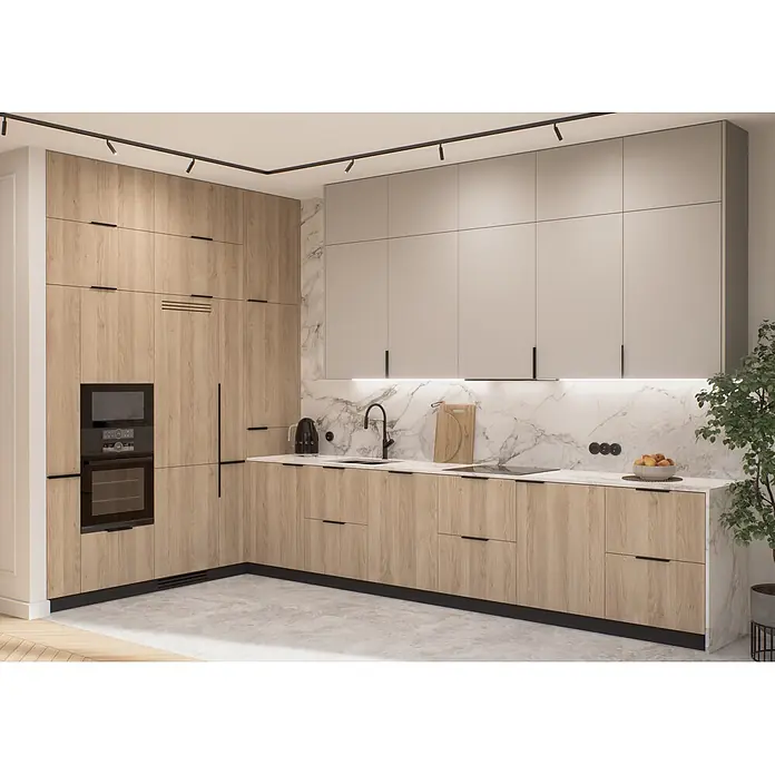 Cordia Möbelgriff 20 cm - Lochabstand: 160 mm, Aluminium, Schwarz - Moderne Küche mit hellen Holz- und hellgrauen Schränken, weißer Marmorrückwand und schwarzen Akzenten.