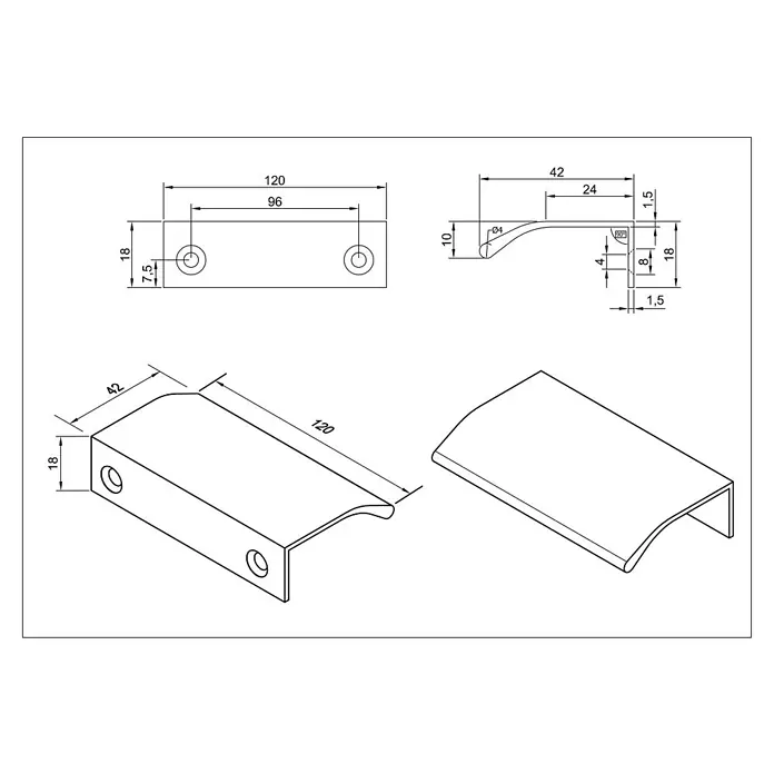 Cordia Möbelgriff 12 cm - Lochabstand: 96 mm, Aluminium, Schwarz - Technische Zeichnung eines 120mm langen Griffprofils mit Befestigungslöchern und Maßangaben aus mehreren Ansichten, für Schranktüren oder Schubladen.