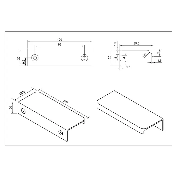 Cordia Möbelgriff 12 cm - Lochabstand: 96 mm, Aluminium, Gold - Technische Zeichnung eines rechteckigen Griffs mit zwei Befestigungslöchern und einer sanft gebogenen Vorderkante, mit allen Abmessungen.